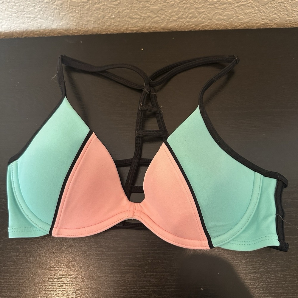 VICTORIA SECRET  Pink Teal SIZE XS AA-B Racer Strappy Back Colorblock Underwired